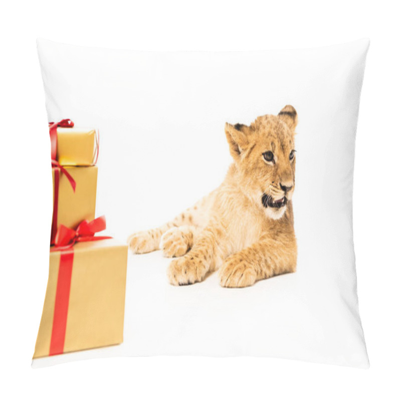 Personality  Cute Lion Cub Near Golden Gifts With Red Ribbons Isolated On White Pillow Covers