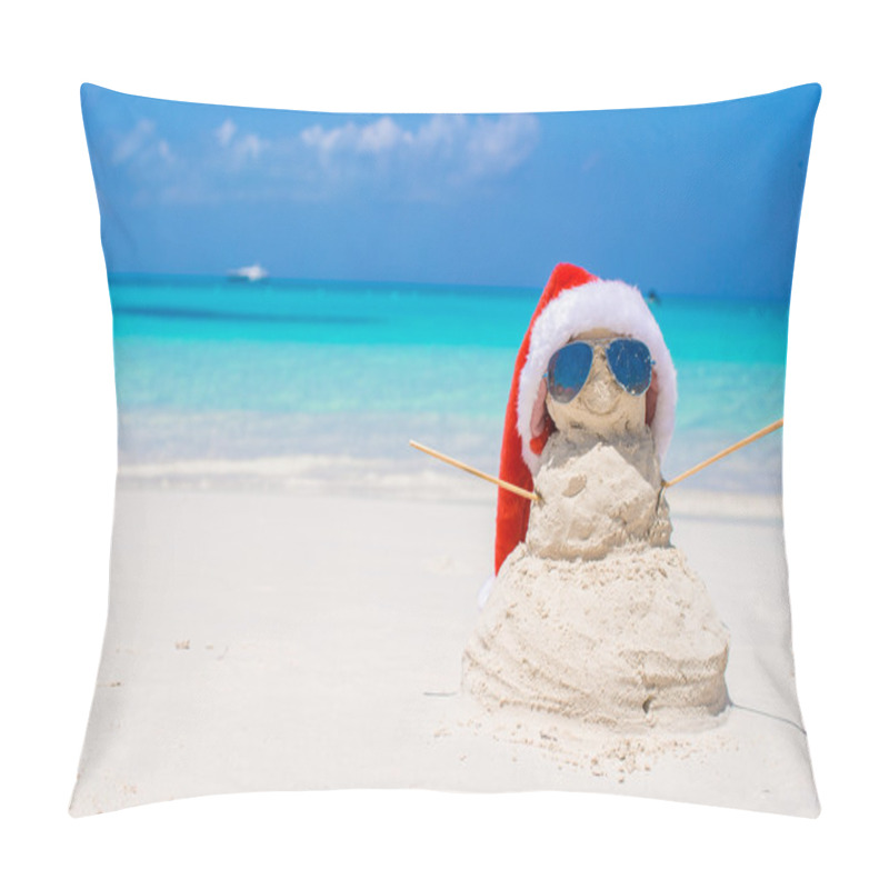 Personality  Sandy Snowman With Red Santa Hat On White Caribbean Beach Pillow Covers