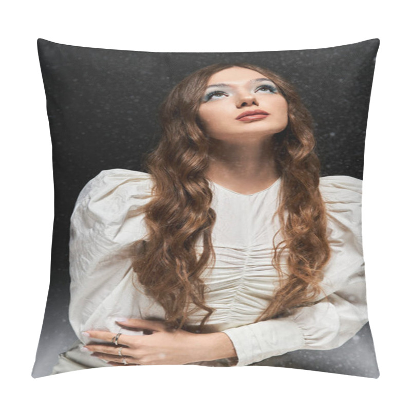 Personality  A Young Woman In White Gazes Thoughtfully Upward In A Serene Setting. Pillow Covers