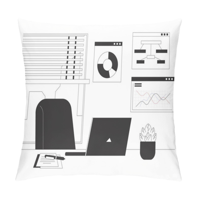 Personality  Data Analytics Job Workspace Black And White 2D Illustration Concept. Analysis Charts Desk Setup. Office Space Laptop Potted Plant Outline Background Isolated. Metaphor Monochrome Vector Art Pillow Covers