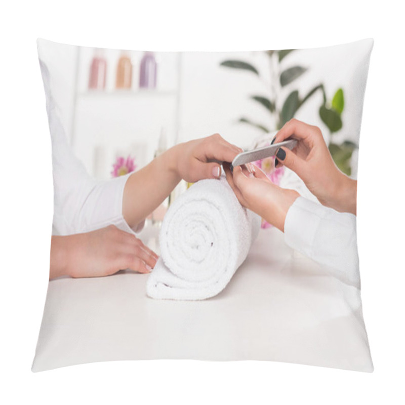 Personality  Partial View Of Woman Receiving Manicure By Beautician With Nail File At Table With Flowers And Towels In Beauty Salon  Pillow Covers