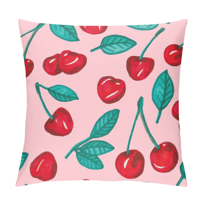 Personality  Seamless Pattern Painting With Red Cherries And Leaf On Pink Background Pillow Covers