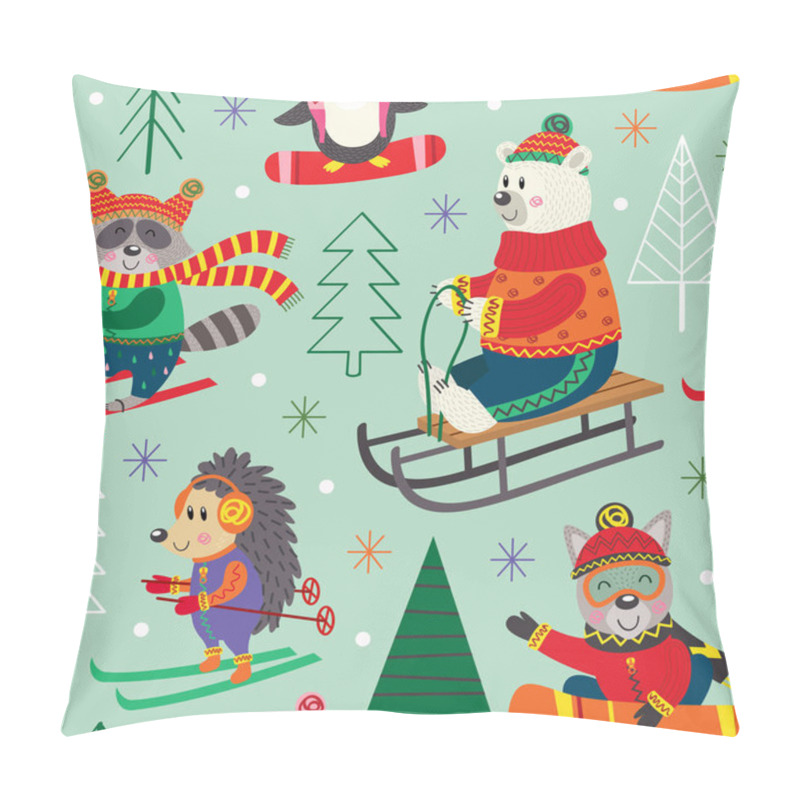 Personality  Seamless Pattern Winter Fun With Animals On Sled, Ski, Snowboard - Vector Illustration, Eps Pillow Covers