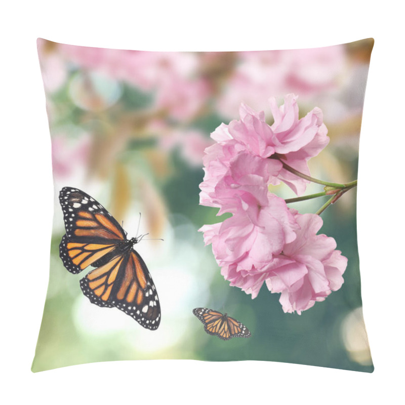 Personality  Beautiful Pink Sakura Flowers And Flying Butterflies Outdoors  Pillow Covers