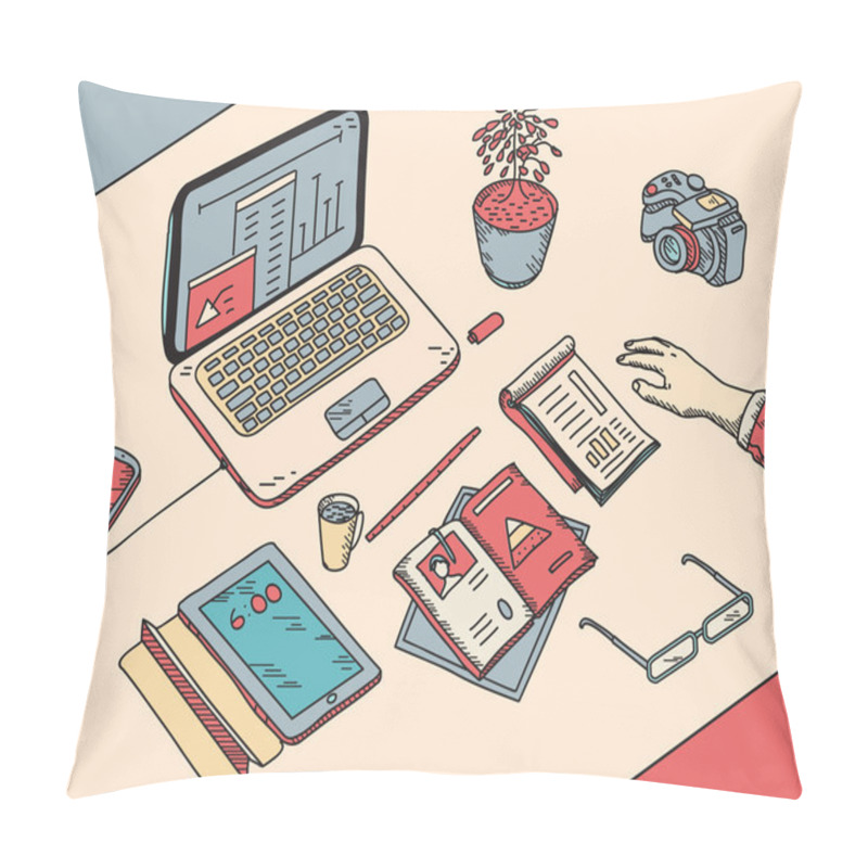 Personality  Top View Sketch Hand Drawn Office Or Fome Workplace Freelancer With Business Objects And Items Lying On A Desk Laptop, Digital Tablet, Mobile Phone, Documents Pillow Covers