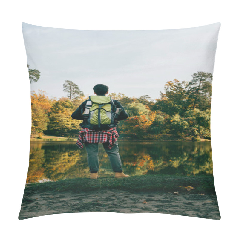 Personality  Rear View Of Traveller With Backpack On Autumnal Background Pillow Covers