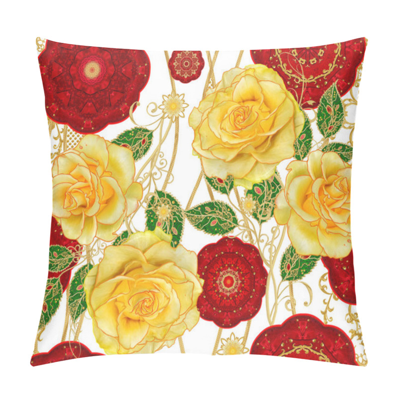 Personality  Seamless Pattern. Red Circles Decorated With Gold Weaving, Lace, Curved Lines. Stylized Golden Shiny Flowers On High Stems, Yellow Rose, Elements Of Paisley Decor. Pillow Covers