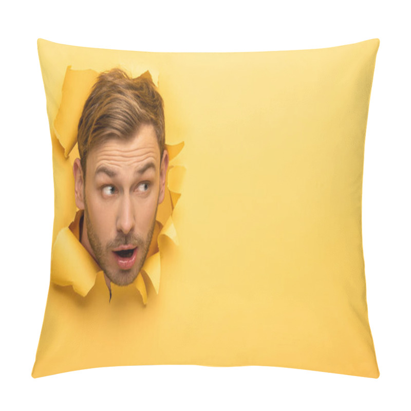 Personality  Shocked Handsome Man With Head In Yellow Paper Hole  Pillow Covers