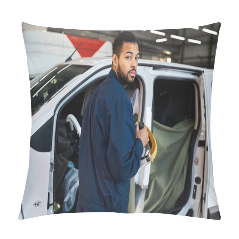 Personality  Young Mechanic Focuses On His Task While Surrounded By Tools And Vehicles In The Garage Pillow Covers