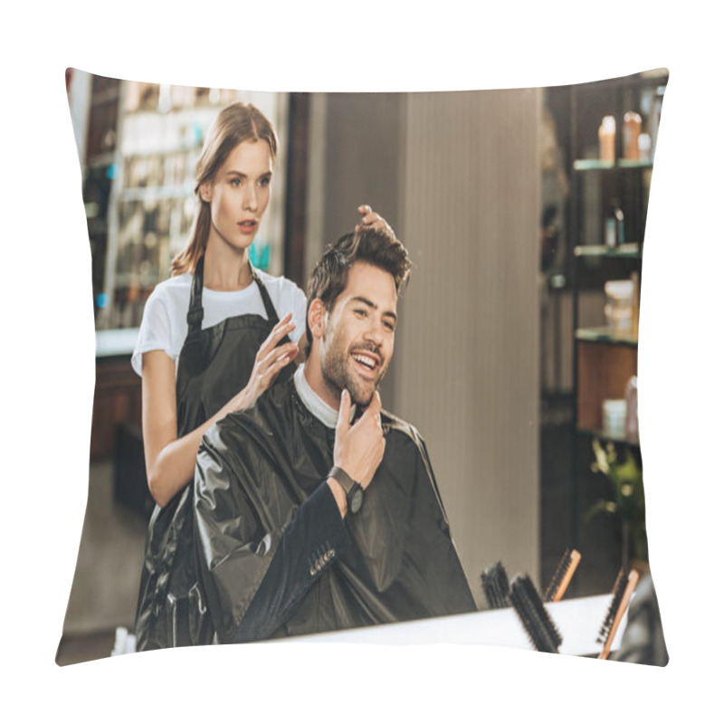 Personality  Young Female Hairstylist And Handsome Smiling Man Looking At Mirror In Beauty Salon Pillow Covers