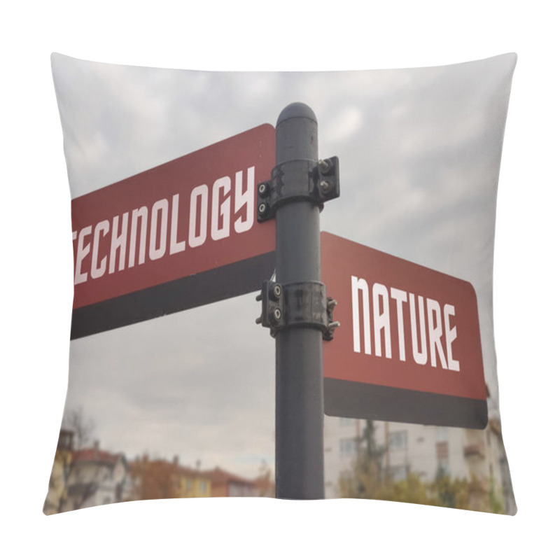 Personality  Technology Vs. Nature: A Symbolic Crossroad Highlighting Humanitys Choice Between Innovation And Preservation, Reflecting The Eternal Tug-of-War Between Progress And The Need To Protect The Natural. Pillow Covers