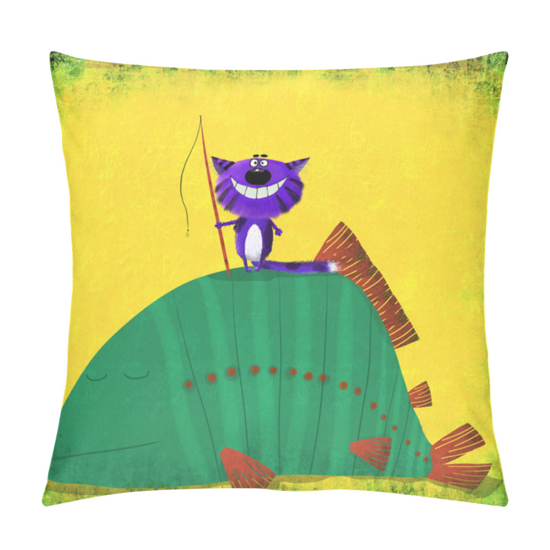 Personality  Cat Fisherman Standing On Huge Fish Pillow Covers