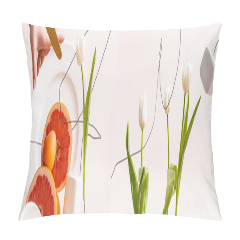 Personality  Collage Of Floral And Fruit Composition With Tulips On Wires And Citrus Fruits Near Cubes And Female Hand On Plate Isolated On Beige Pillow Covers