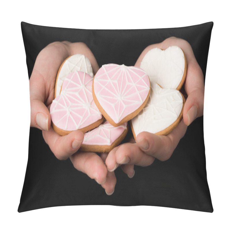 Personality  Close Up View Of Female Hands With Glazed Heart Shaped Cookies Isolated On Black Pillow Covers