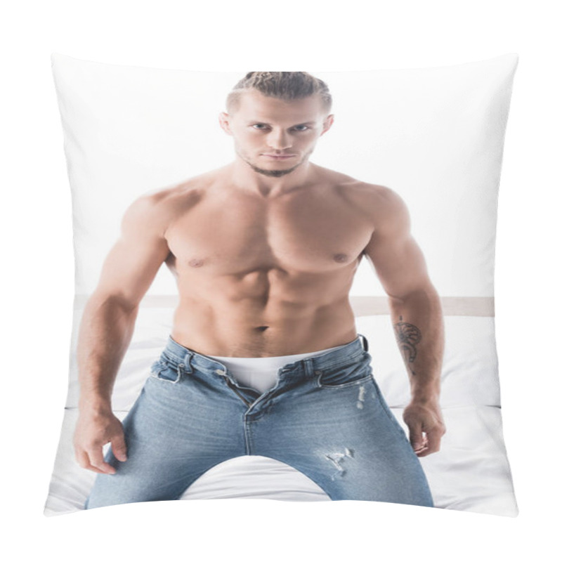 Personality  Sexy Shirtless Man In Jeans Posing In Bed Isolated On White Pillow Covers