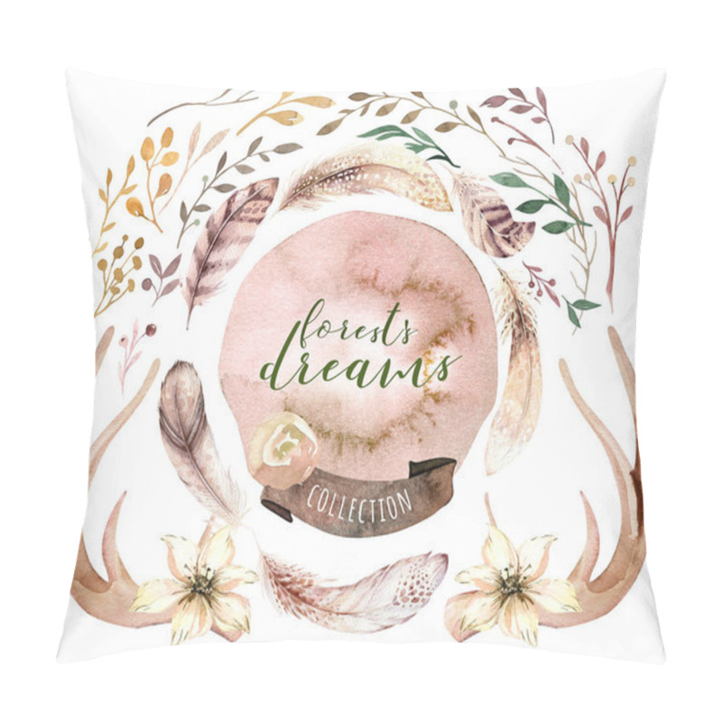 Personality  Watercolor Boho Floral Set. Bohemian Natural Frame: Leaves, Feathers, Flowers, Isolated On White Background. Artistic Decoration Wreath Illustration. Save The Date, Weddign Design Pillow Covers