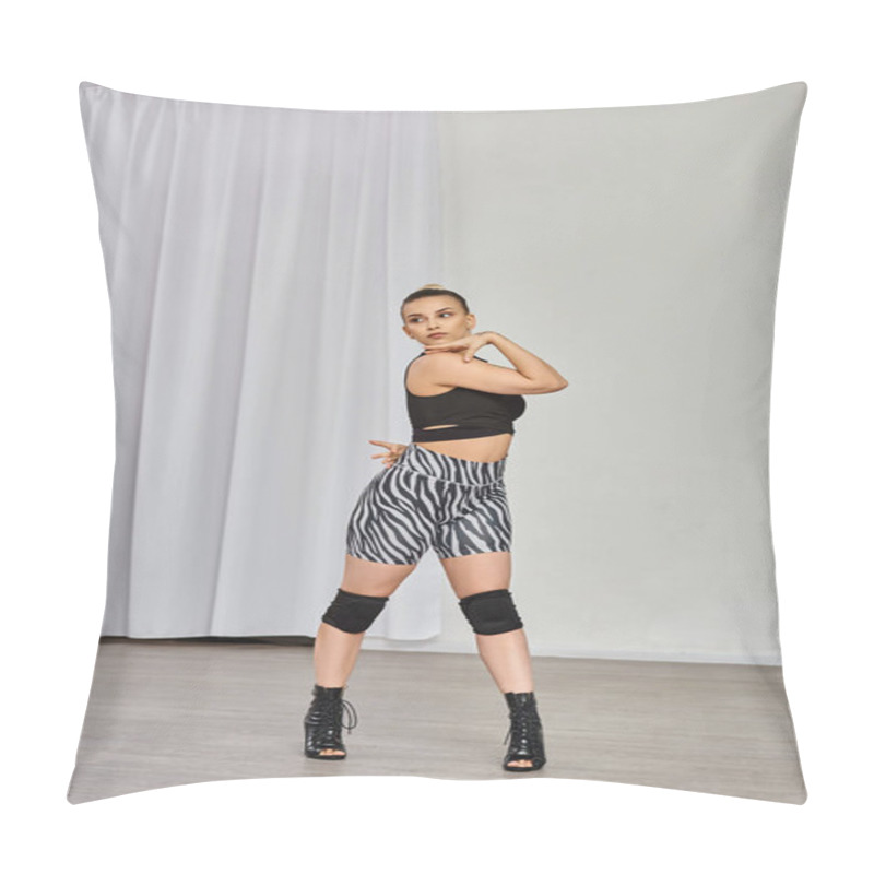 Personality  Dancer In High Heels And Zebra-print Shorts Dances Against White Wall, Showing Off Her Confidence Pillow Covers