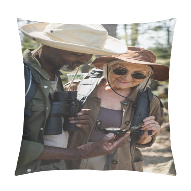 Personality  Smiling Senior Woman Standing Near African American Husband With Binoculars And Compass  Pillow Covers