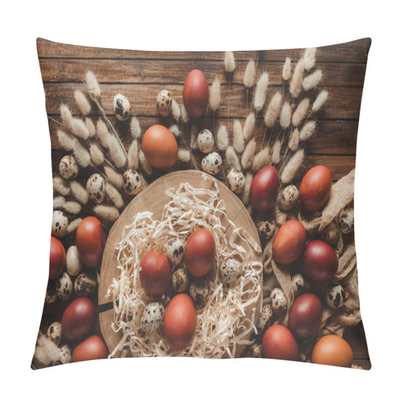 Personality  Flat Lay With Easter Eggs On Cross Section Of Tree Trunk On Wood Background With Ears Pillow Covers