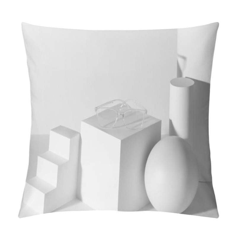 Personality  Transparent Eyeglasses Presented On A Set Of White 3d Shapes Pillow Covers