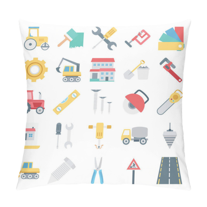 Personality  Construction Isolated Vector Icons Set Consist Truck, Miner, Wall, Tools, Barrier, Cone, Traffic, Buildings And Brick,  Pillow Covers