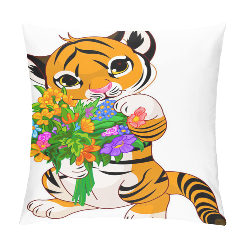 Personality  Cute Little Tiger Cub Holding A Bouquet Pillow Covers