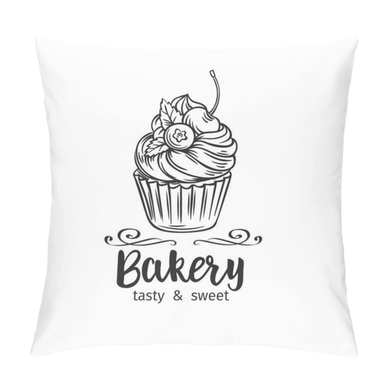 Personality  Vector Cupcake. Badge Bakery For Template Label, Packing And Emblem Cafe And Confectionery Design. Retro Sketch Style. Pillow Covers