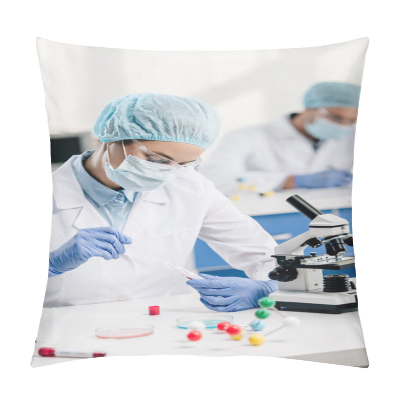 Personality  Selective Focus Of Genetic Consultant Doing Dna Test In Lab  Pillow Covers