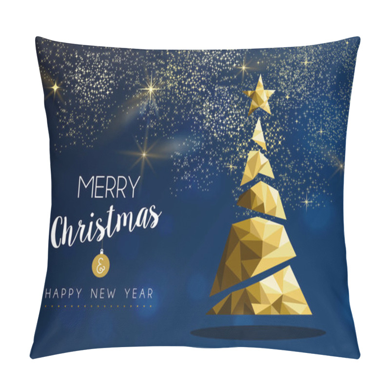 Personality  Merry Christmas And Happy New Year Gold Pine Tree In Hipster Triangle Low Poly Style On Blue Background. Xmas Greeting Card Or Elegant Holiday Party Invitation. Pillow Covers