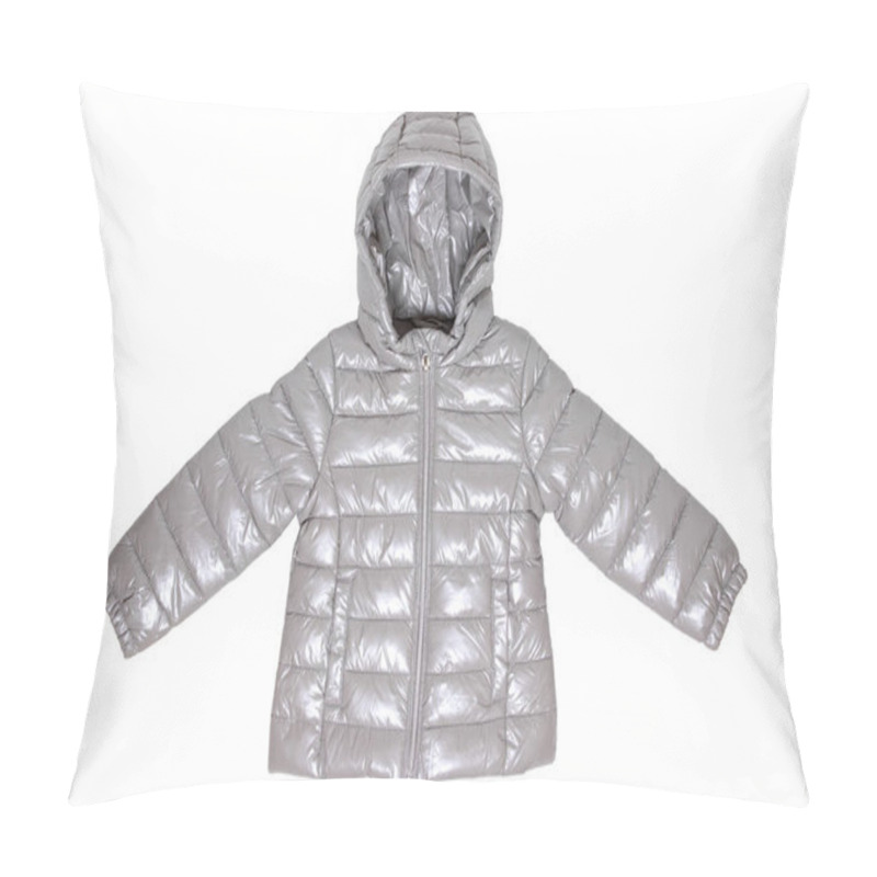 Personality  Winter Jacket Isolated. A Stylish Cozy Warm Silver Gray Down Jacket For The Kids Isolated On A White Background. Fashionable Childrens Wear With Hood For Spring And Autumn. Pillow Covers