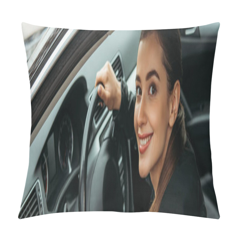 Personality  Panoramic Shot Of Female Taxi Driver Holding Steering Wheel Pillow Covers