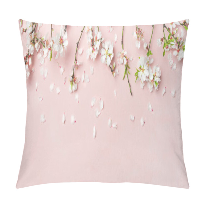 Personality  Spring Floral Background, Texture, Wallpaper. White Almond Blossom Flowers And Petals Over Pink Background Pillow Covers