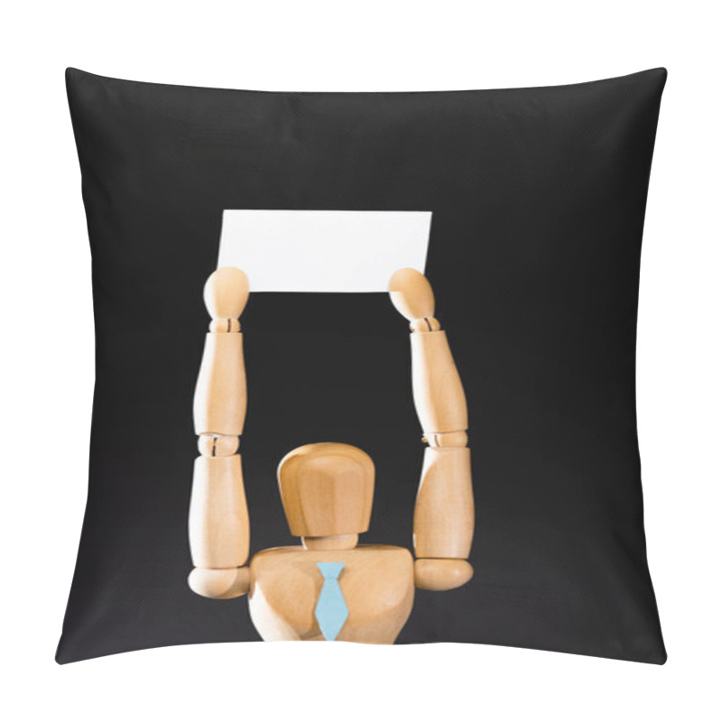 Personality  Wooden Marionette In Tie Holding Blank Placard Isolated On Black Pillow Covers