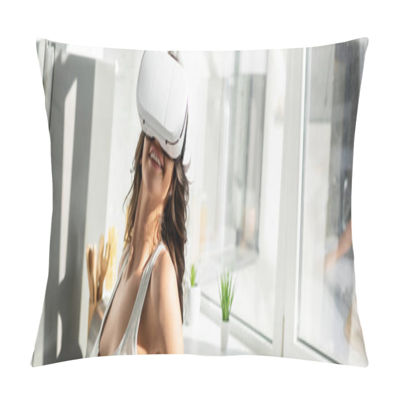 Personality  Positive Girl Using Vr Headset In Kitchen, Panoramic Shot  Pillow Covers