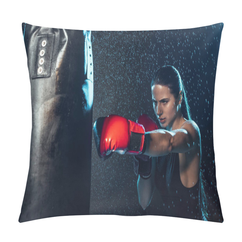 Personality  Strong Boxer In Red Boxing Gloves Training Under Water Drops On Black Pillow Covers