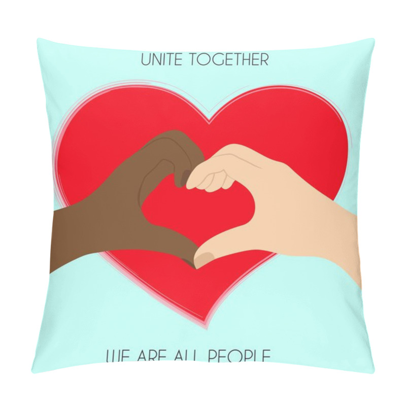 Personality  Black And White Hands In Heart Shape, Interracial Friendship. Vector Illustration Pillow Covers