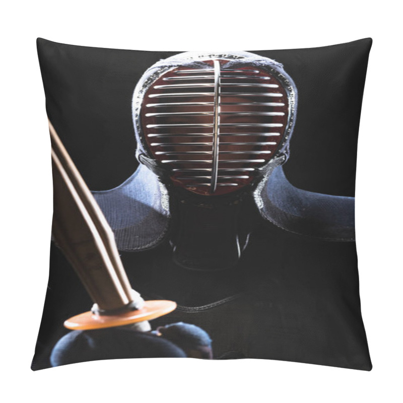 Personality  Kendo Fighter In Helmet Holding Bamboo Sword Isolated On Black Pillow Covers