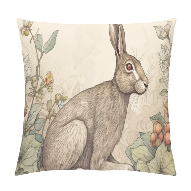 Personality  A Charming, Detailed Illustration Of A Rabbit Set Within A Lush Botanical Scene, Surrounded By Flowers And Fruits. The Artwork Captures A Timeless, Natural Beauty With Vintage-inspired Elegance. Pillow Covers