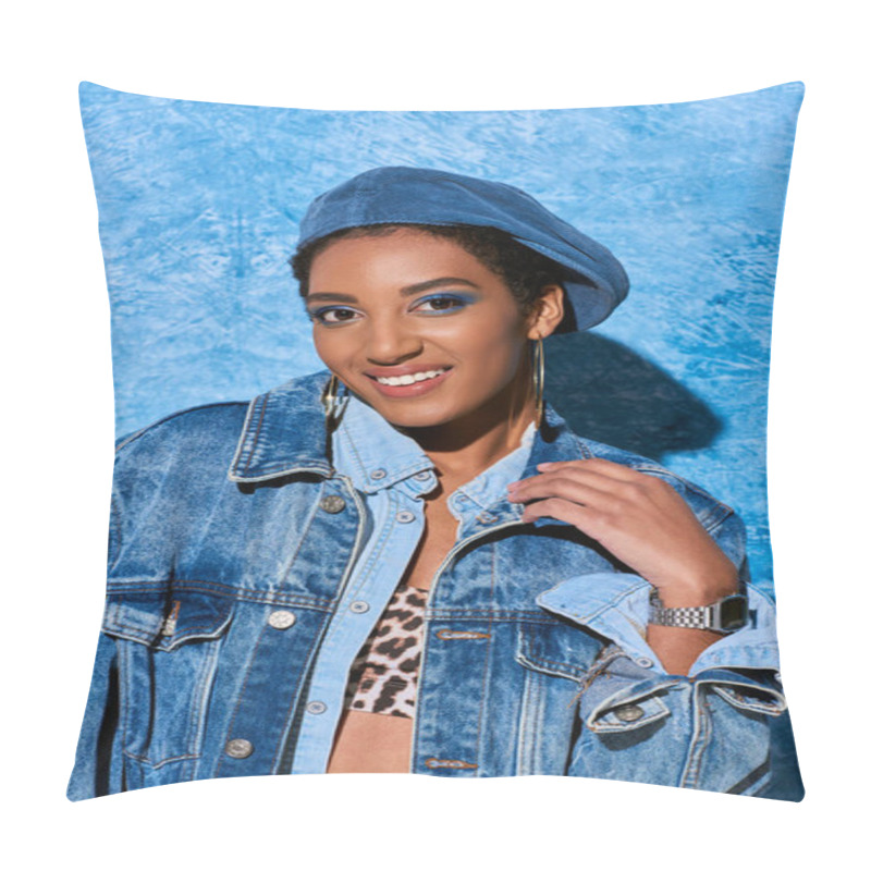 Personality  Cheerful African American Model In Beret, Golden Earrings And Denim Clothes Looking At Camera While Standing Near Blue Textured Background, Stylish Denim Attire Pillow Covers