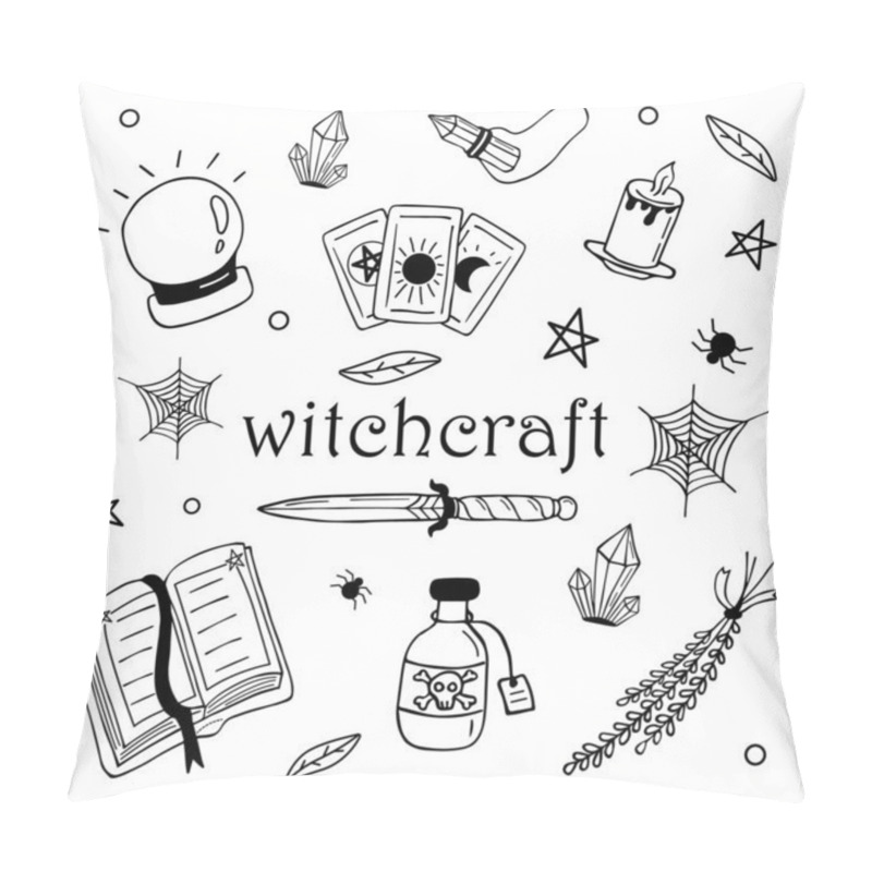 Personality  Vector Witch Magic Design Elements Set. Hand Drawn, Doodle, Sketch Magician Collection. Pillow Covers