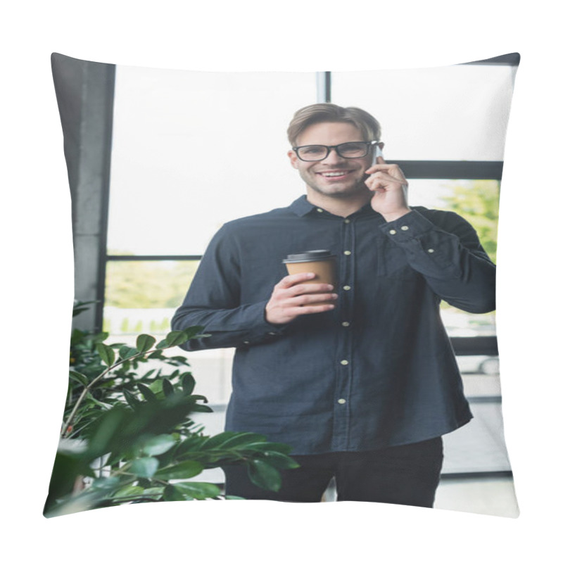 Personality  Happy Programmer In Eyeglasses Talking On Smartphone And Holding Paper Cup Near Plants  Pillow Covers