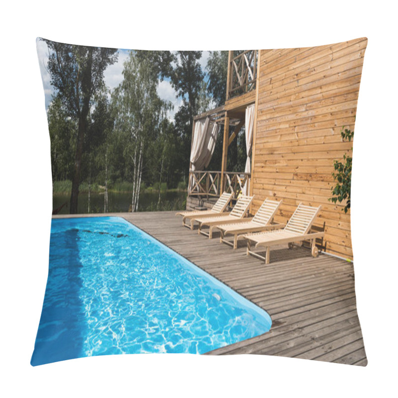 Personality  Empty Cozy Chaise Lounges Near Swimming Pool At Sunny Day Pillow Covers