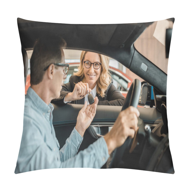 Personality  Adult Man Taking Car Key From Female Car Dealer At Showroom While Sitting Inside Car Pillow Covers