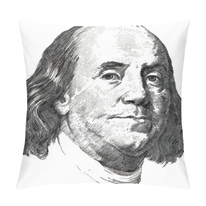 Personality  Portrait Of U.S. Statesman, Inventor, And Diplomat Benjamin Franklin As He Looks On One Hundred Dollar Bill Obverse, Isolated On White Background. Isolated By Collar. ESP 10 Vector Illustration, Pillow Covers