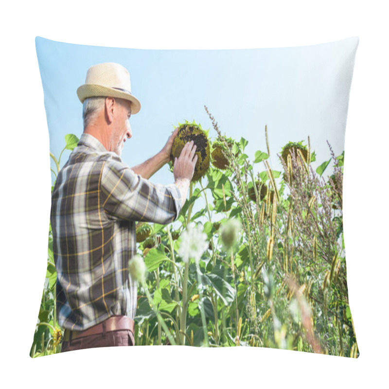 Personality  Selective Focus Of Cheerful Farmer In Straw Hat Touching Sunflower Pillow Covers