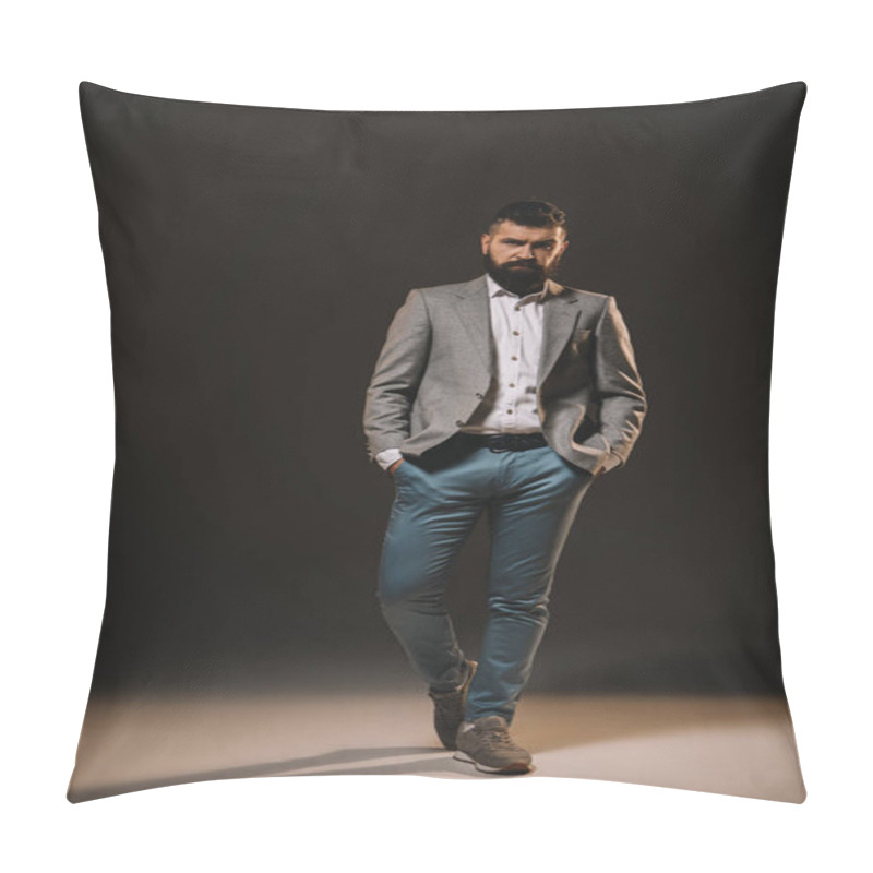 Personality  Handsome Beard Businessman Posing In Jacket On Brown Pillow Covers