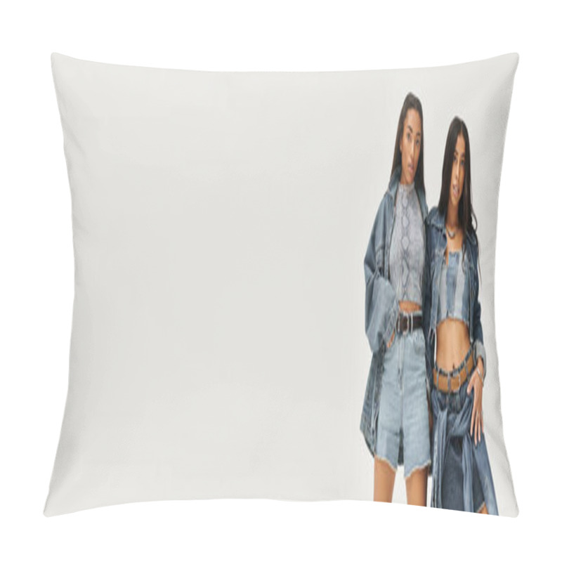 Personality  Two Confident Young Women In Trendy Denim Stand Side By Side, Ready For The Spotlight. Pillow Covers