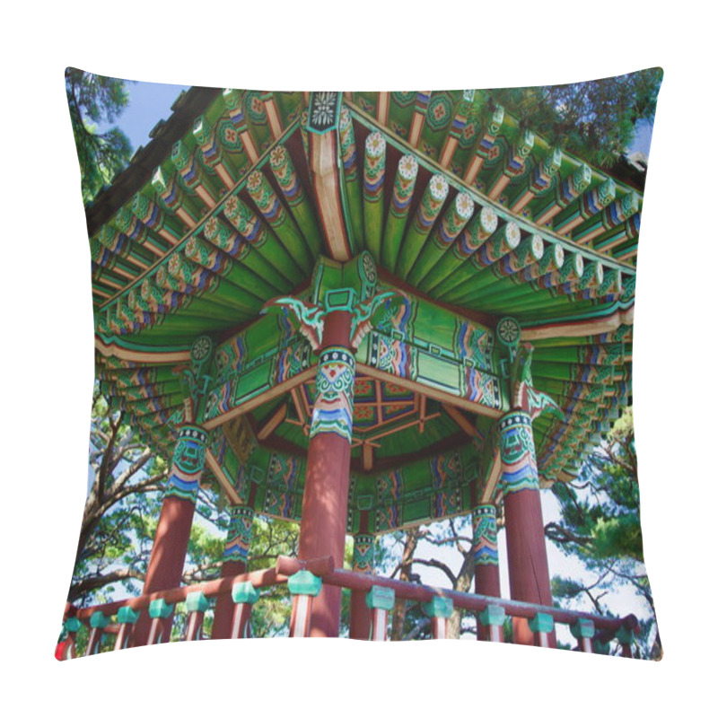 Personality  Yangyang County, South Korea - November 3, 2024: A Detailed View Of The Beautifully Ornate Hajodae Pavilion, Showcasing Traditional Korean Architecture And Vibrant Wooden Carvings Amidst A Serene Forest Setting. Pillow Covers