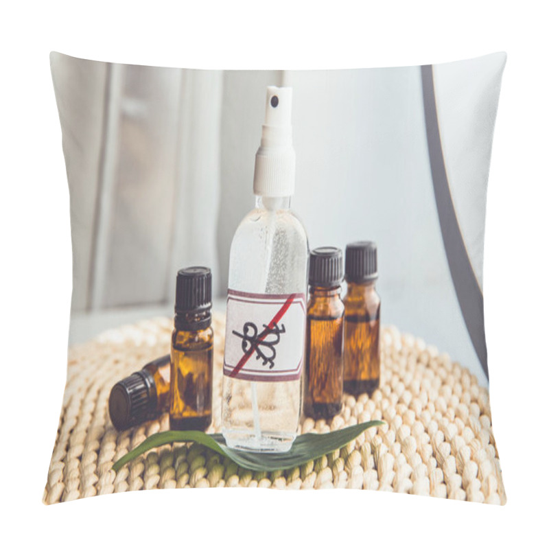 Personality  Homemade Essential Oil Based Mosquito Repellent. Flat Lay View Of Spray Bottle Surrounded By Brown Essential Oil Bottles On Bamboo Mat Background. Pillow Covers