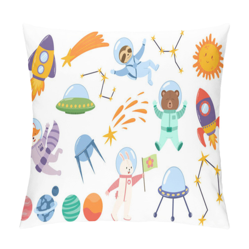 Personality  Set Of Cute Animals Astronauts In Space. Funny Sloth, Bear, Fox And Rabbit. Alien Saucers, Planets, Sun, Constellation And Satellite, Rocket, Spacecraft Shuttle And Comet. Cartoon Vector Illustration Pillow Covers